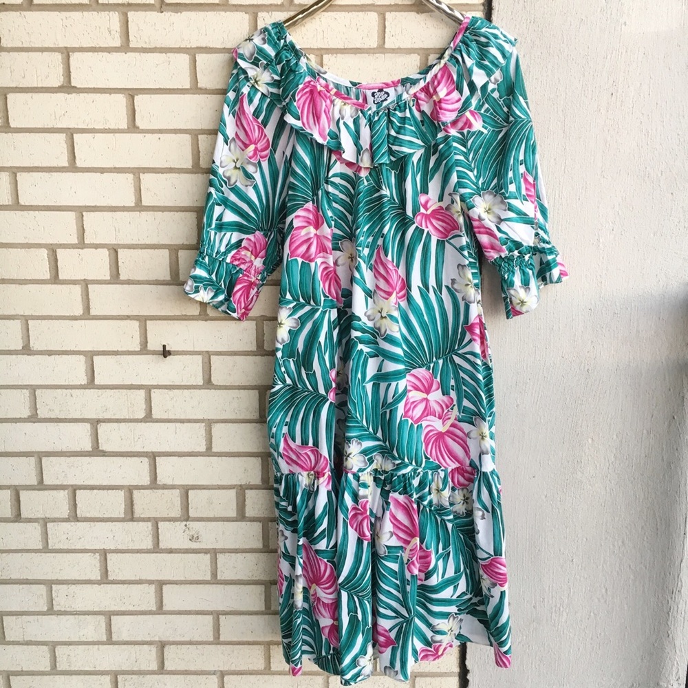 Vintage Hilo Hattie 80s Hawaiian Mumu Pink Green L
